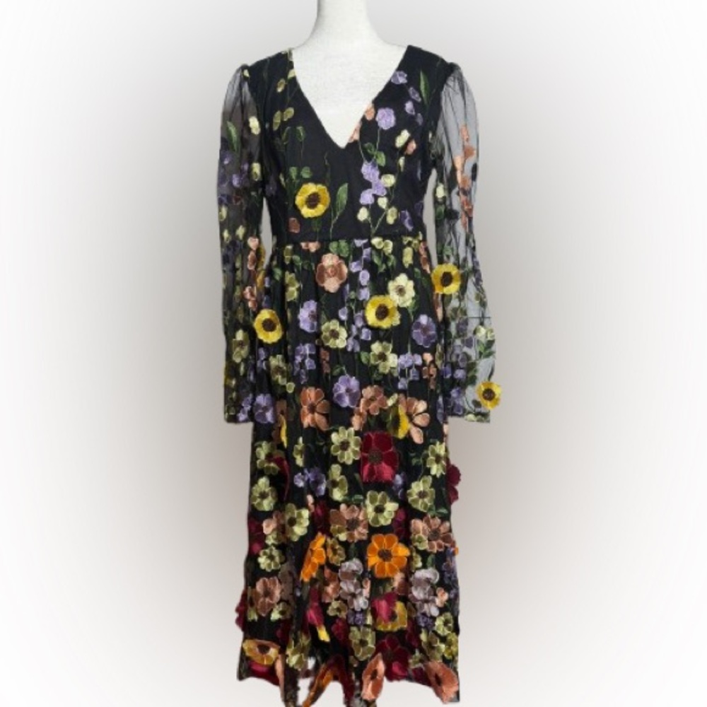NWT Lulus Impressive Blossom Black 3D Floral Embroidered V-Neck Dress - Picture 3 of 16
